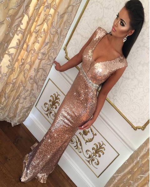 

gorgeous sequins mermaid long evening dresses rose gold prom gowns open back party dresses evening wear crystals women formal gown3693318, Black;red