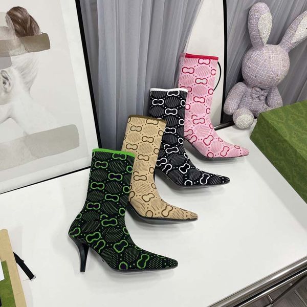 

new autumn and winter brand women's designer black boots martin boots long boots leather boots pointed high heels elastic short boots s