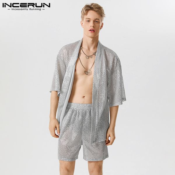 

men s tracksuits men sets sparkling sequin streetwear short sleeve open stitch cardigan kimono shorts 2pcs 2023 shiny suits s 5xl incerun 23, Gray