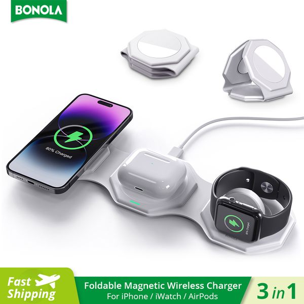

bonola wireless charger 3-in-1 foldable for iphone 8/14/12/13/11/xs/x/xr 15w magnetic wireless charging for apple watch8/se airpods pro with