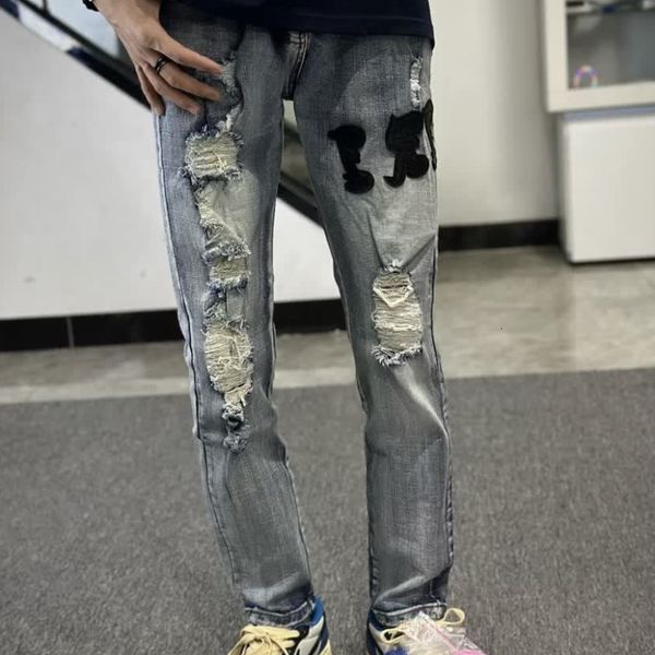 

men's pants fashion high street stitching ripped jeans summer stretch loose casual straight trousers long men bottom male clothes 23072, Black