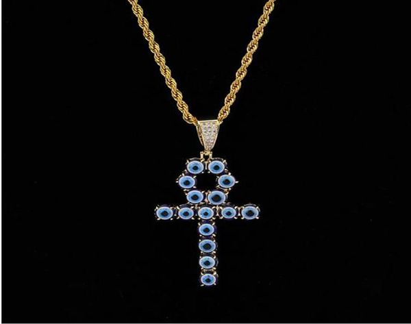 

blue color egyptian ankh key of life necklace 18k gold plated copper cross pendant cubic zirconia hip hop jewelry3364070, Silver
