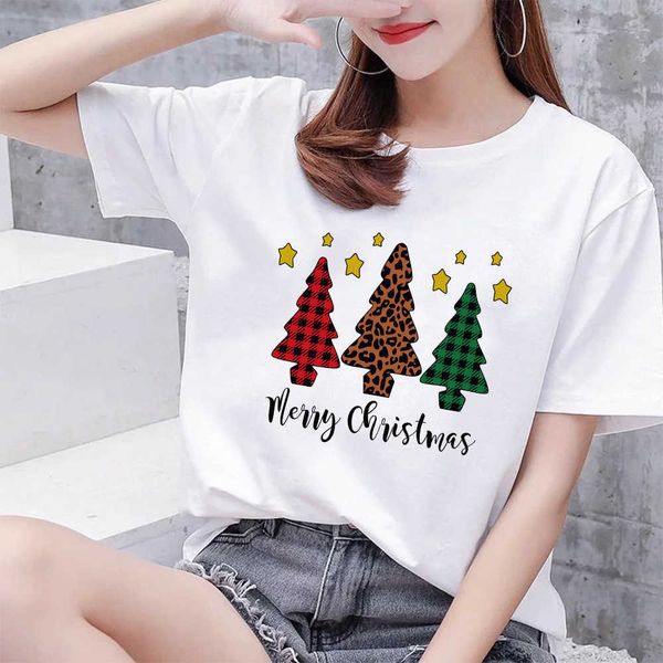 

2021 merry christmas tree women's modal round neck t-shirt, White