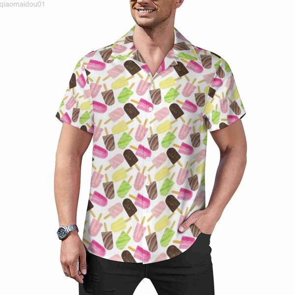 

men's casual shirts colorful ice casual shirts sweet cartoon food beach shirt hawaiian harajuku blouses men print plus size l230721, White;black