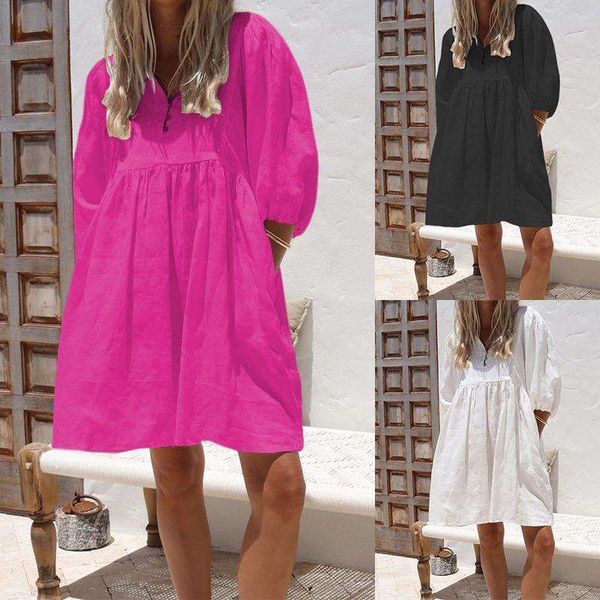 

summer womens fashion loose v neck bubble sleeves cotton linen dress, Black;gray