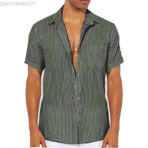 

men's casual shirts beach tees male shirts mens polyester shirt band sleeve button striped casual collar cotton 2023 l230721, White;black