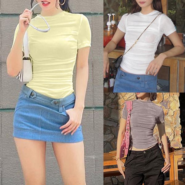 

women's t-shirt women summer t shirts y2k style ladies basic shirt short sleeve pleated cami crew neck slim fit streetwear suit 230721, White