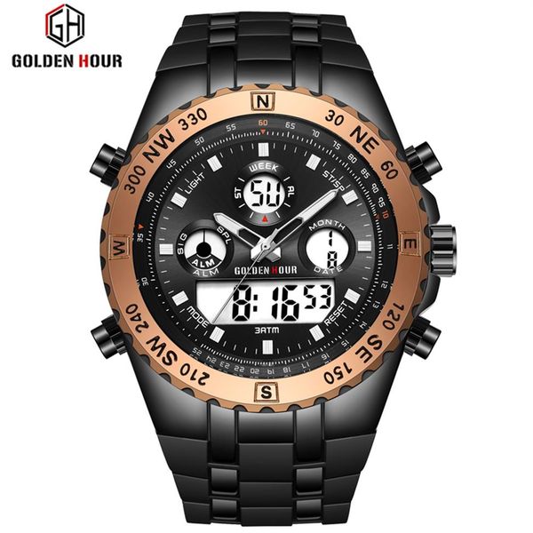 

reloj hombre goldenhour men watch quarzt digital sport watch men erkek kol saati fashion outdoor wrist watch luminous male clock222z, Slivery;brown