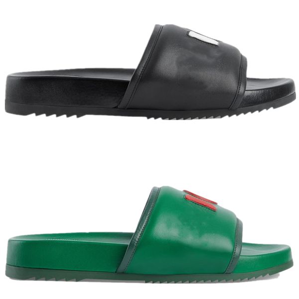 

designer women slide sandals, rubber flat bottomed men black leather slippers