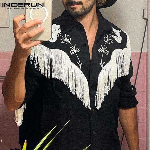

men's casual shirts 2023 men shirt embroidered tassel patchwork lapel long sleeve fashion camisa streetwear button casual men clothing, White;black