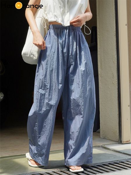 

women s pants s hanorange 2023 summer glossy texture wide leg women elastic high waist sunscreen thin trousers dark green grayish blue 23072, Black;white