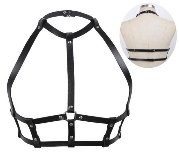 

bras women fashion punk gothic pu leather harness bra belts lingerie halter neck body bondage caged bralette costume16614644, Red;black