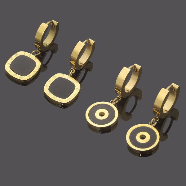 

titanium steel jewelry black shell ring square pendant earrings women's roman numerals square ear button earrings, Golden;silver