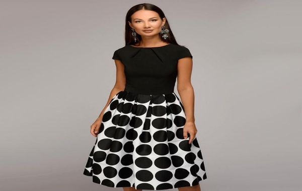 

vintage women aline casual mid dress elegant lady dot print oneck party dress 2018 autumn fashion short sleeve chic dresses2951631, White;black