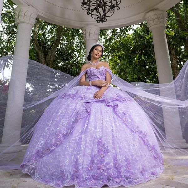 

lavender shiny ball gown quinceanera dresses applique lace beads with cape sweet 16 dress pageant gowns vestidos de 15 anos, Blue;red