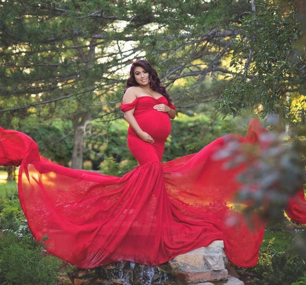 

women shoulderless maternity dresses for po shoot maxi gown split side women pregnant pography props long pregnancy dress y03420606, White