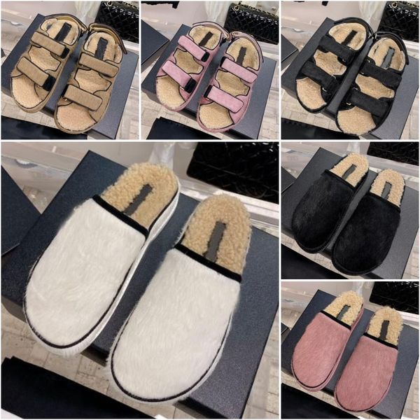 

women wool mules designer plush fur loafers slides winter warm sandals fashion mule slippers, Black