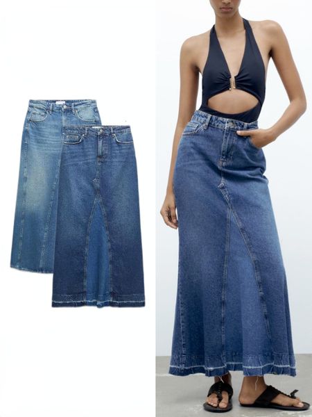 

skirts zbza womens spring summer highwaisted five pockets washed effect long denim skirt fashion highrise slim mermaid skirt 230720, Black