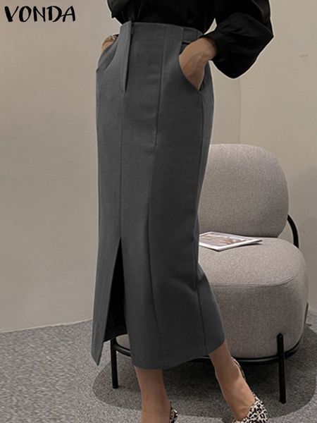 

skirts elegant women midi skirt 2023 casual solid color party vonda office zipper split oversized bottoms femme 230720, Black