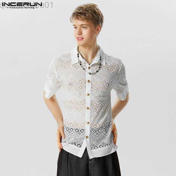 

men's casual shirts 2023 men shirt mesh patchwork hollow out streetwear see through men clothing lapel short sleeve fashion camisas l23, White;black