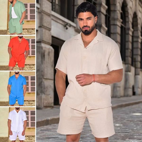

men's tracksuits casual solid color men cotton linen outfits short sleeve button shirt beach shorts two set summer 230720, Gray