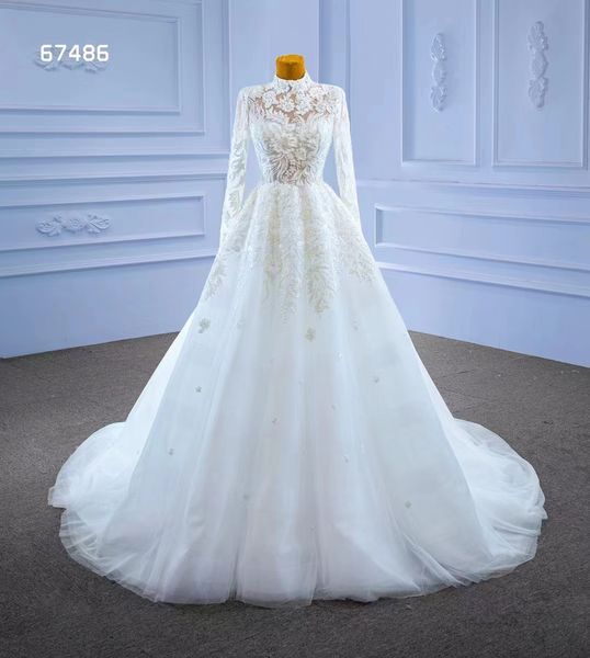 

modern wedding dress appliques long sleeve high neck bridal gown sm67486, White