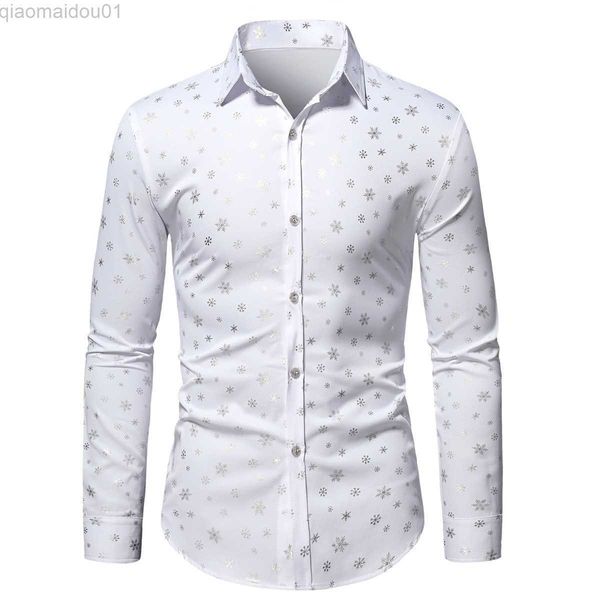 

men's casual shirts mens casual long sleeve button down dress shirts 2023 shiny white snowflake print christmas shirt men xmas party pr, White;black