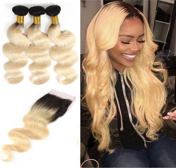 

indian raw virgin hair body wave 1b 613 blonde two tones bundles with 4x4 lace closure with baby hair wefts with closures 4pie5948562, Black;brown