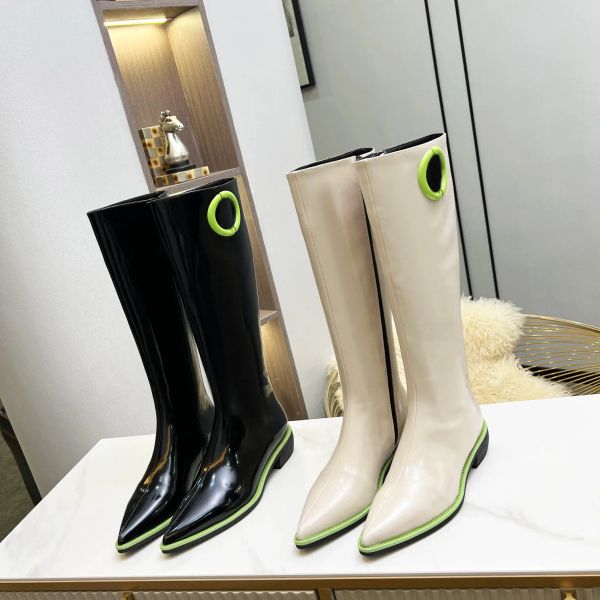 

designer open side bead leather letter logo chelsea boot shoe women pointed knee boots r ladies winter booties shoes size 35-40, Black