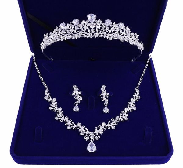 

highquality new bride crown tiara threepiece zircon necklace earrings princess birthday wedding with female accessories gift4716912, White