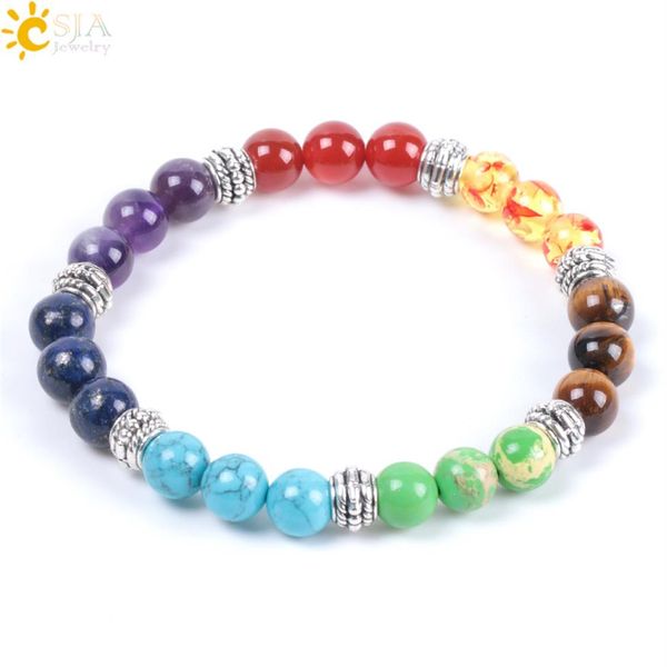

csja brand new 7 chakras bracelets natural chakra healing point gemstone beads emperor turquoise agate amber silver charms jewelry271p, Black