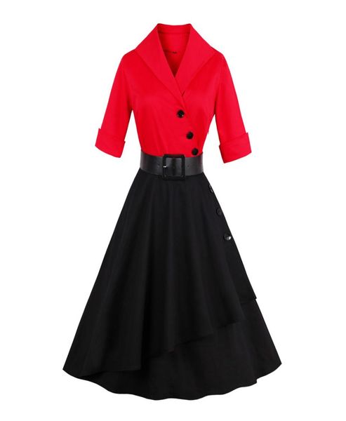 

plus size 4xl women belts vintage dress turn down collar red black office work dress vestidos elegant pattern party dress7832179, White;black