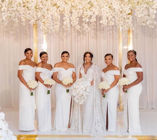 

plus size simple white bridesmaid dresses off shoulder satin ruched split long wedding guest maid of honor dresses6873278, White;pink