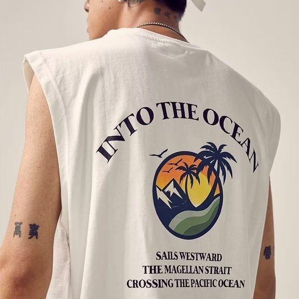 

men' tank summer vest oversize loose print street stretch sleeveless cotton tshirt for male outdoor cool casual man 230720, White;black