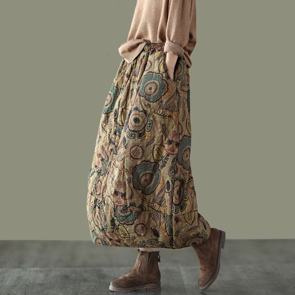 

skirts nini wonderland autumn winter printed flower plus cotton skirt women elastic waist thicken bud lady loose midi 230720, Black