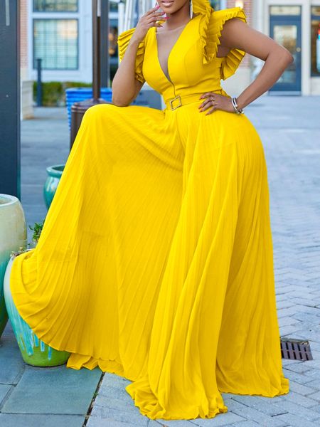 

women s jumpsuits romper wide leg pleated high waist v neck ruffles african female elegant summer fashion yellow 2023 230720, Black;white