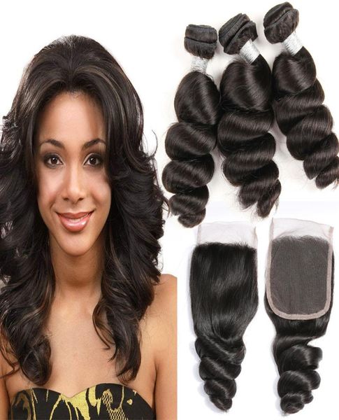 

brazilian virgin hair extensions 3 bundles with 4x4 lace closure 4 pieceslot loose wave curly human hair wefts with closure middl1924592, Black;brown
