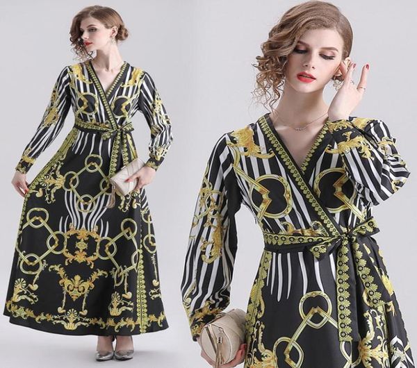 

2020 spring summer fall runway baroque print v neck sashes belt long sleeve women ladies casual party luxury maxi robe dresses7866992, Black;gray