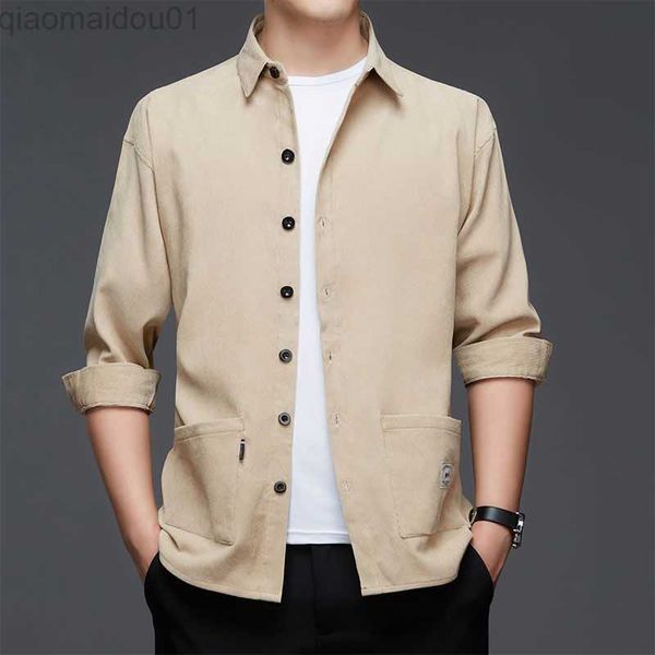 

men's casual shirts stylish solid color lapel button spliced pockets shirt men's clothing 2022 autumn new oversized casual loose, White;black