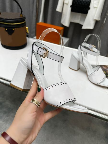 

2023 summer women sandals designer slippers 6cm mid heels platform ankle buckle natural perforated calf leather luxury fashion ladies beach, Black