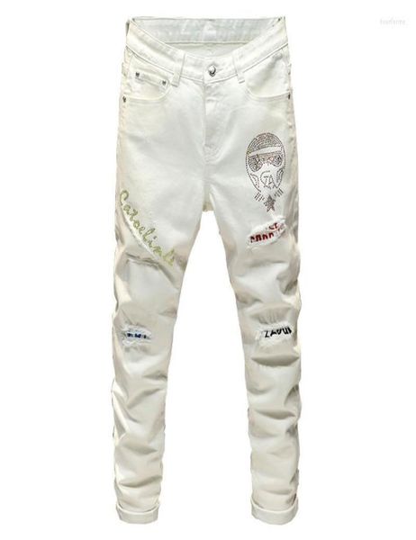 

men039s jeans sokotoo fashion crystal patchwork white streetwear slim fit patch design stretch denim pants9096710, Blue