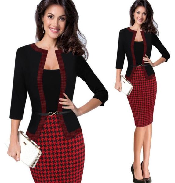 

hgte womens autumn retro faux jacket onepiece polka dot contrast patchwork wear to work office business sheath dress y190529016449820, Black;pink