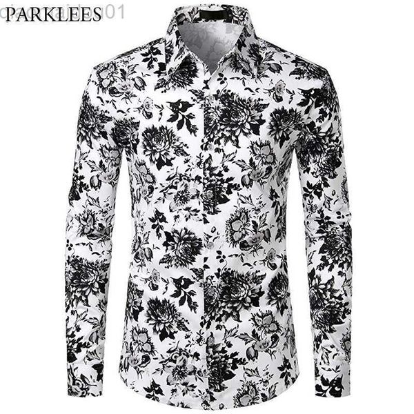 

men's casual shirts men shirt black and white floral print casual slim fit flowers shirts fashion elegant mens shirts long sleeve camis, White;black