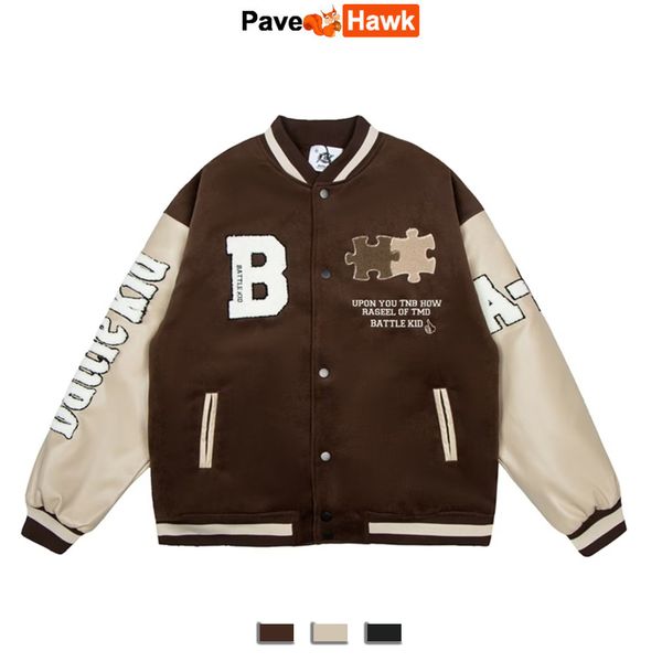 

men's jackets vintage baseball jacket men women brown patchwork letter flocking harajuku coat causal street bomber varsity outwear 2307, Black;brown