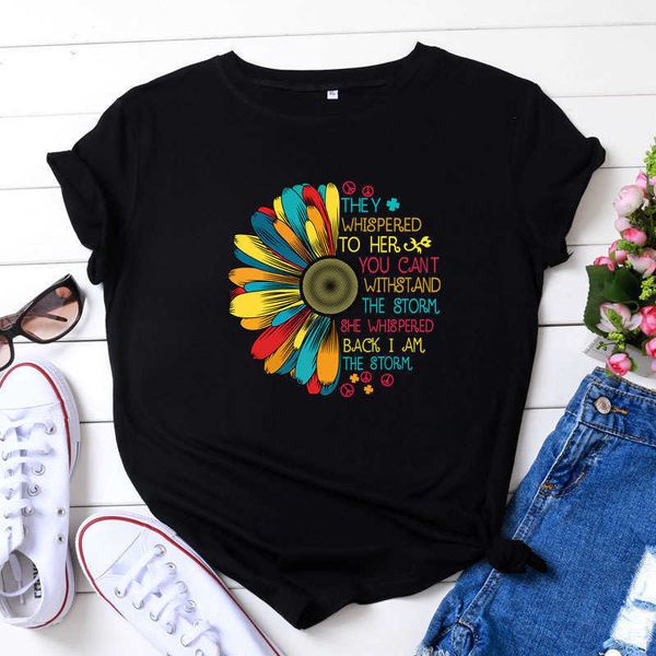 

women's sunflower printed round neck short sleeved t-shirt, White