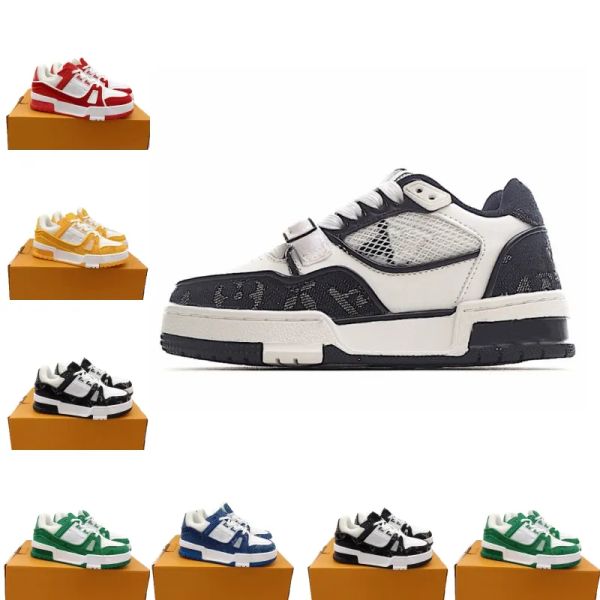 

designer flat kids sneaker virgil trainer casual shoes denim canvas leather abloh white green red blue letter overlays fashion platform low, Black