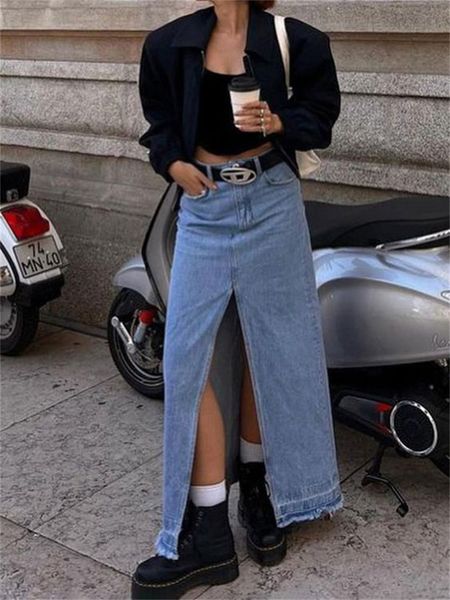 

skirts tossy fashion split out denim skirt for women jeans casual streetwear maxi jean buttom egirl y2k long spring 230720, Black