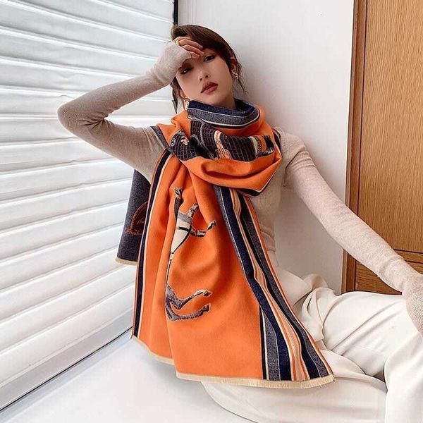 

h home designer woof winter scarf online store korean version orange shawl for women versatile autumn and thickened warm scarf with double s, Blue;gray