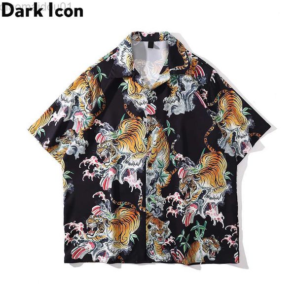 

men's casual shirts dark tiger full printing men's shirt summer thin material hawaiian shirts male l230721, White;black