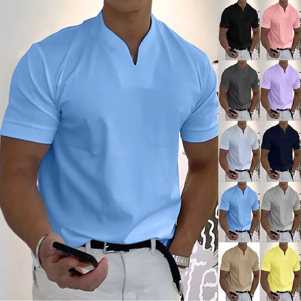 

men's polos summer fashion trend sports fitness leisure simple men's t shirt solid loose short sleeve v neck men's polo shirt, White;black